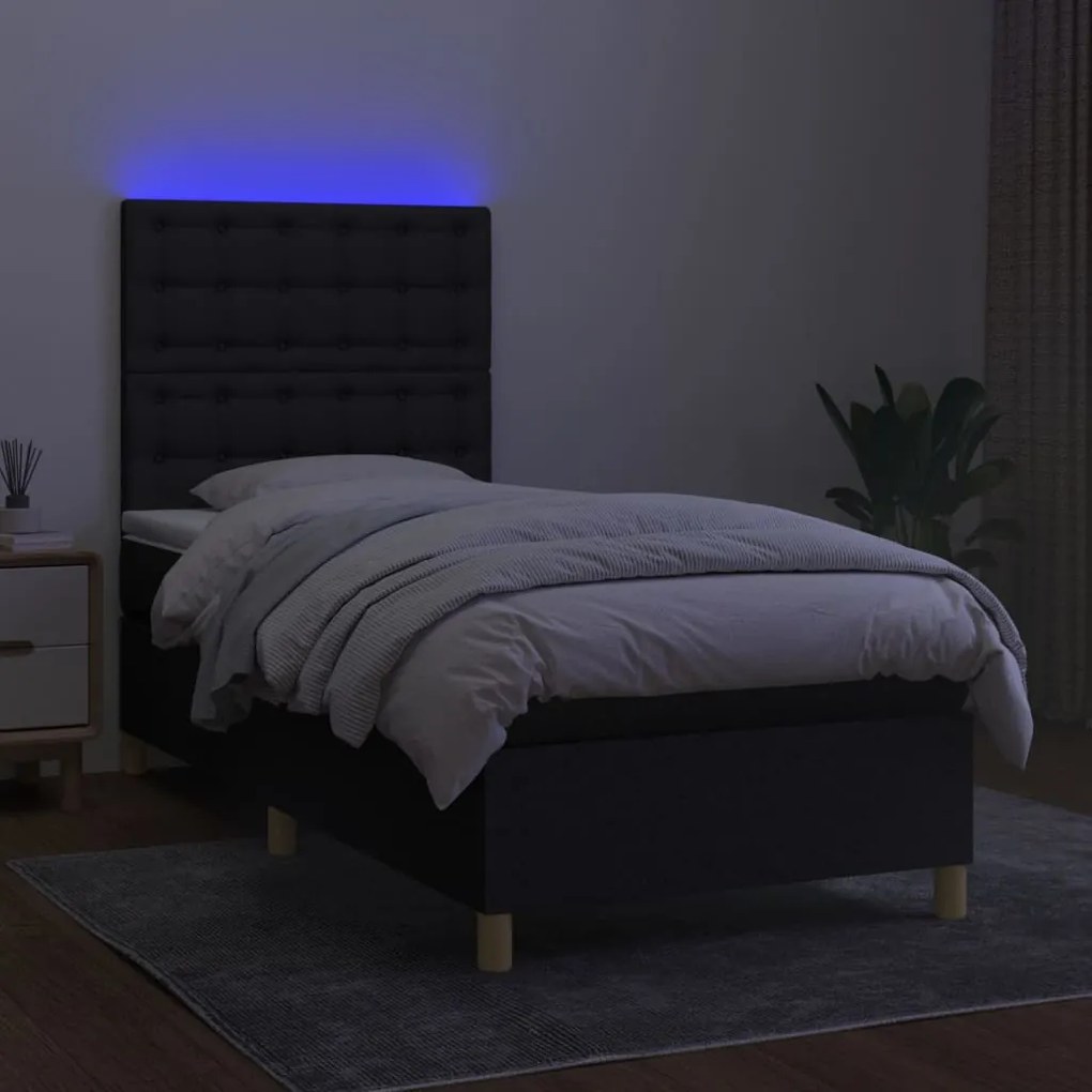 vidaXL Κρεβάτι Boxspring με Στρώμα & LED Μαύρο 90x190 εκ. Υφασμάτινο