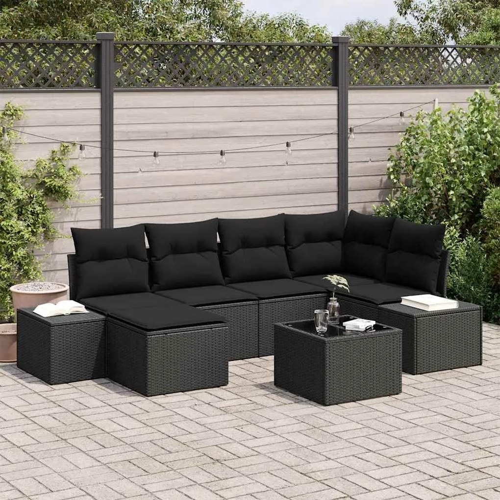 vidaXL Σετ Καναπέ Κήπου με μαξιλάρι 7 pcs Μαύρο Πολυ ράταν