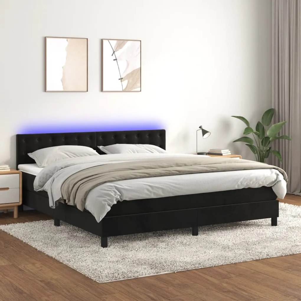 Κρεβάτι Boxspring με Στρώμα &amp; LED Μαύρο 160x200 εκ. Βελούδινο