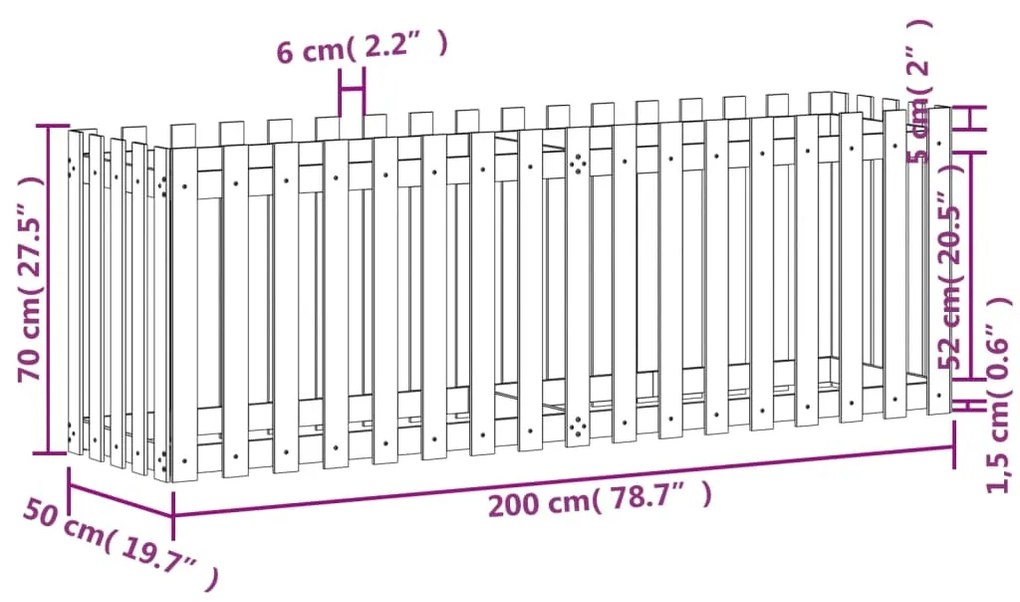 Ζαρντινιέρα με Σχέδιο Φράχτη Μαύρη 200x50x70 εκ. Μασίφ Πεύκο - Μαύρο