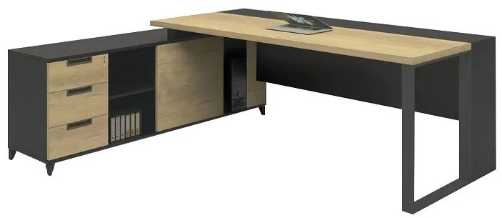 Γωνιακό τραπέζι γραφείου Mesa D103, Γωνιακός, Με συρτάρια, Αριθμός συρταριών: 3, 75x180x160cm, Γκρι, Sonoma οξιά | Epipla1.gr