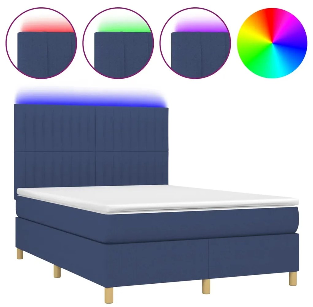 vidaXL Κρεβάτι Boxspring με Στρώμα & LED Μπλε 140x200 εκ. Υφασμάτινο