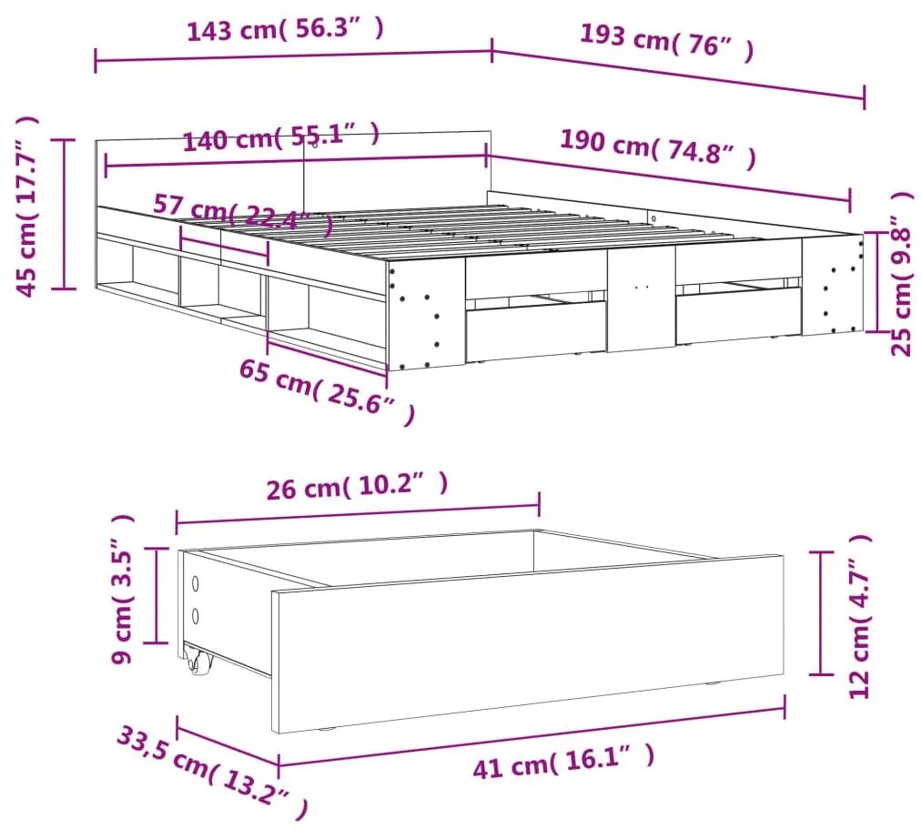 Πλαίσιο Κρεβατιού με συρτάρια Καφέ δρυς 140x190εκ.Επεξ. Ξύλο - Καφέ