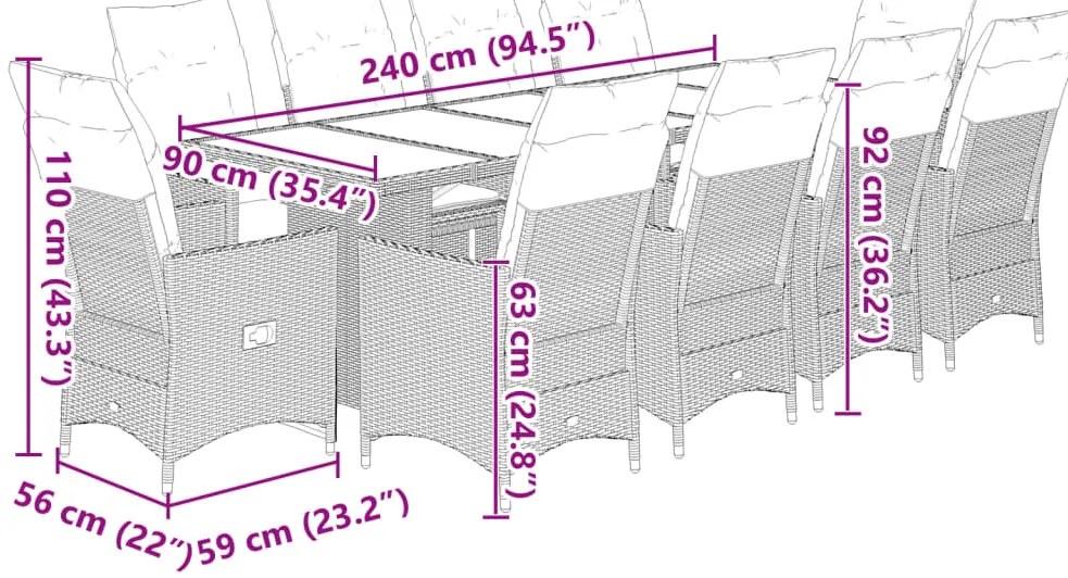 vidaXL Σετ Επίπλων Μπιστρό Κήπου 11 τεμ. Καφέ Συνθ. Ρατάν με Μαξιλάρια