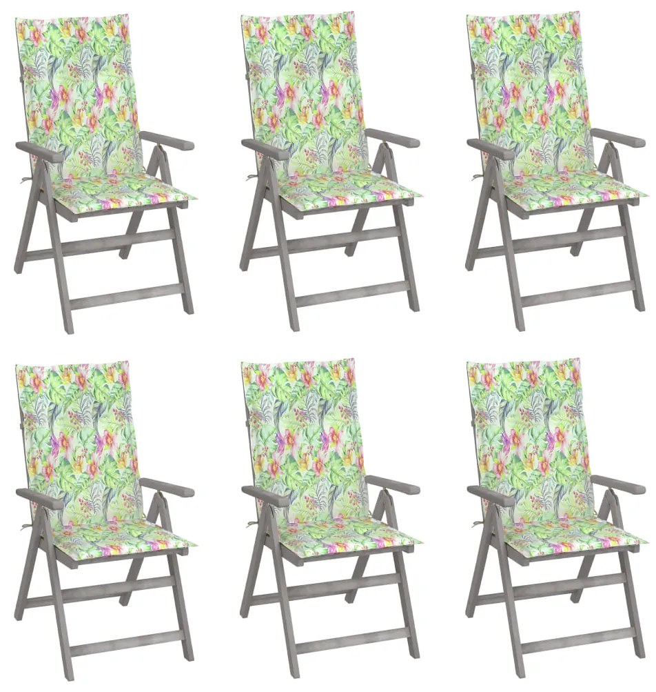 3065329 vidaXL Καρέκλες Κήπου Ανακλινόμενες 6 τεμ. Ξύλο Ακακίας με Μαξιλάρια Γκρι, 1 Τεμάχιο