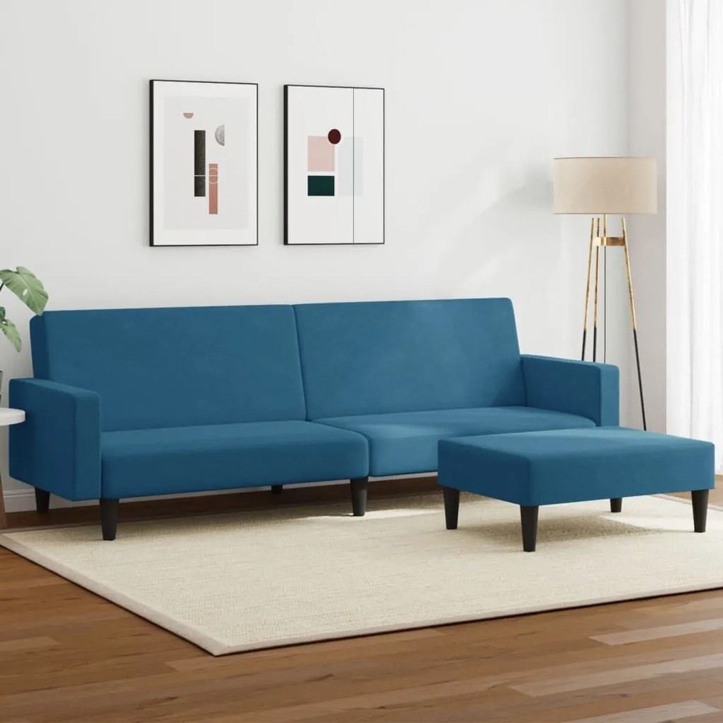 Καναπές Κρεβάτι Διθέσιος με Υποπόδιο Μπλε Βελούδινος - Μπλε
