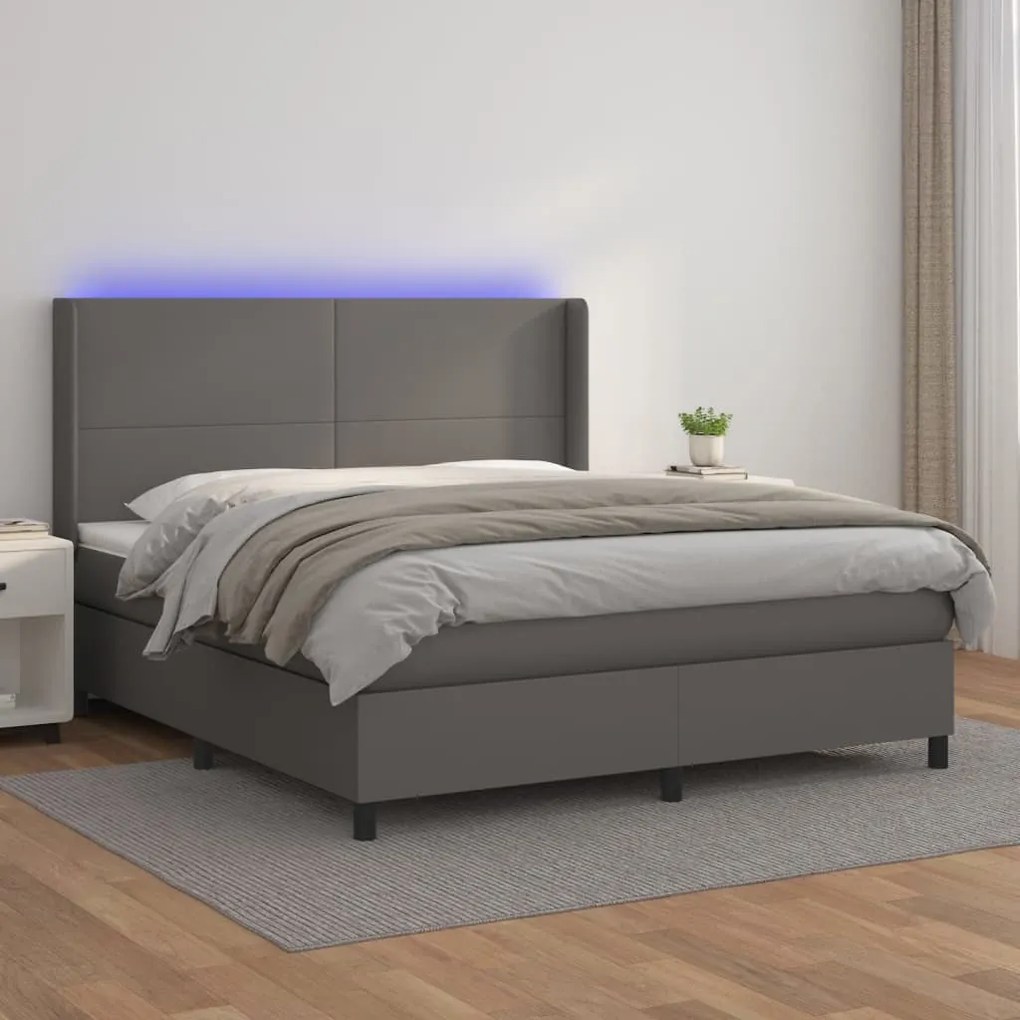 vidaXL Κρεβάτι Boxspring με Στρώμα & LED Γκρι 180x200 εκ. Συνθ. Δέρμα