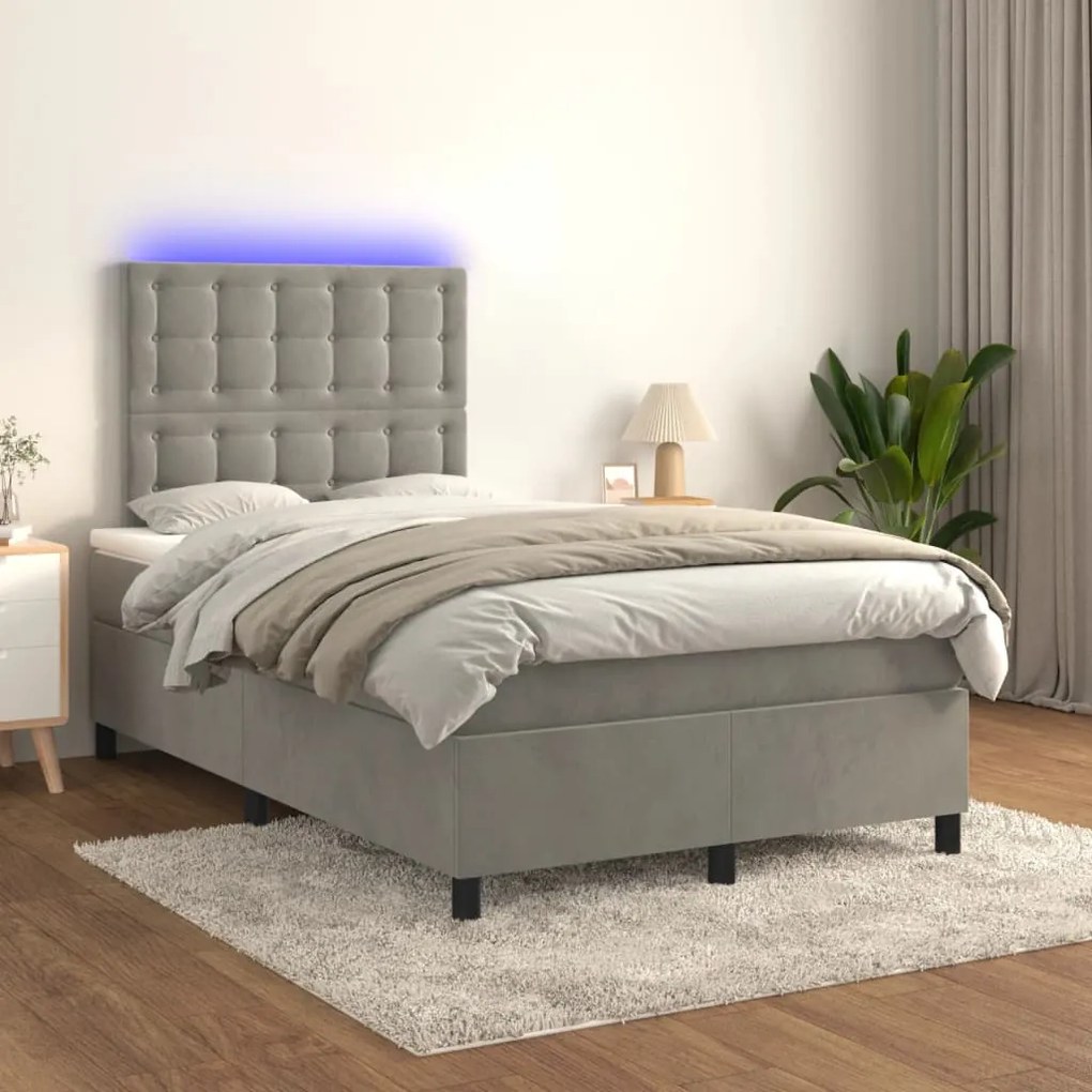 Κρεβάτι Boxspring με Στρώμα &amp; LED Αν.Γκρι 120x200 εκ. Βελούδινο - Γκρι