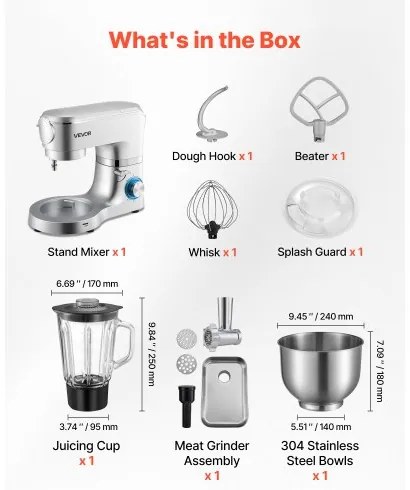 VEVOR Stand Mixer, 6 L Electric Kitchen Mixer, 1500W Dough-Mixer, 6+P Speeds Tilt-head Food-Mixer with 1.5 L Blender Cup, Stainless Steel Bowl, Dough Hook, Whisk, Beater, for Baking, Mixing, Silver