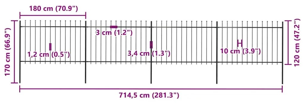 vidaXL Φράχτης Κήπου με Κορυφή Δόρυ από Ατσάλι 714,5 εκ. Μαύρος