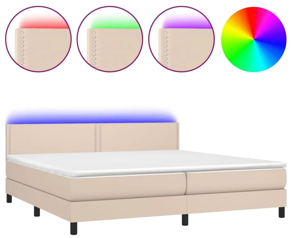 vidaXL Κρεβάτι Boxspring Στρώμα&LED Καπουτσίνο 200x200 εκ. Συνθ. Δέρμα