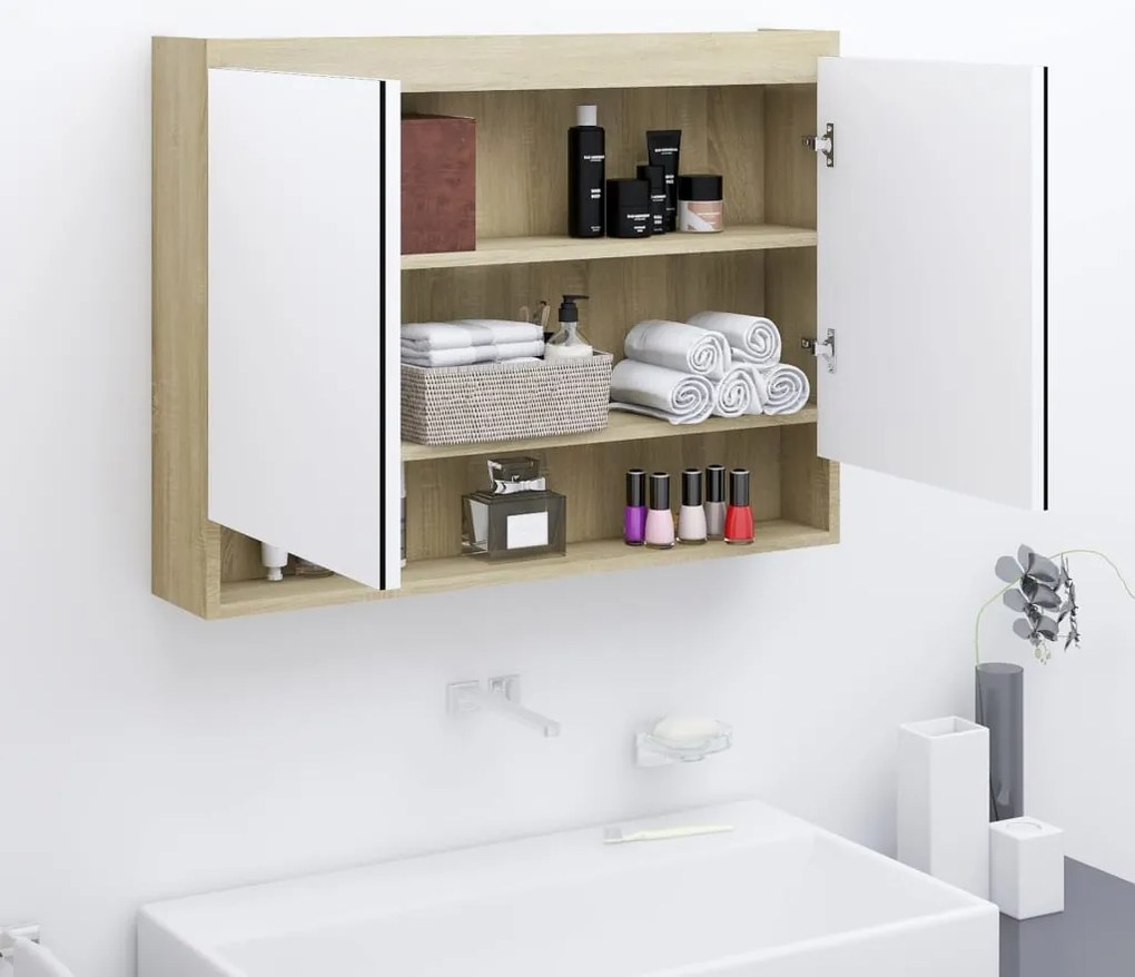 vidaXL Ντουλάπι Μπάνιου με Καθρέφτη 80x15x60 εκ. Λευκό/Δρυς από MDF