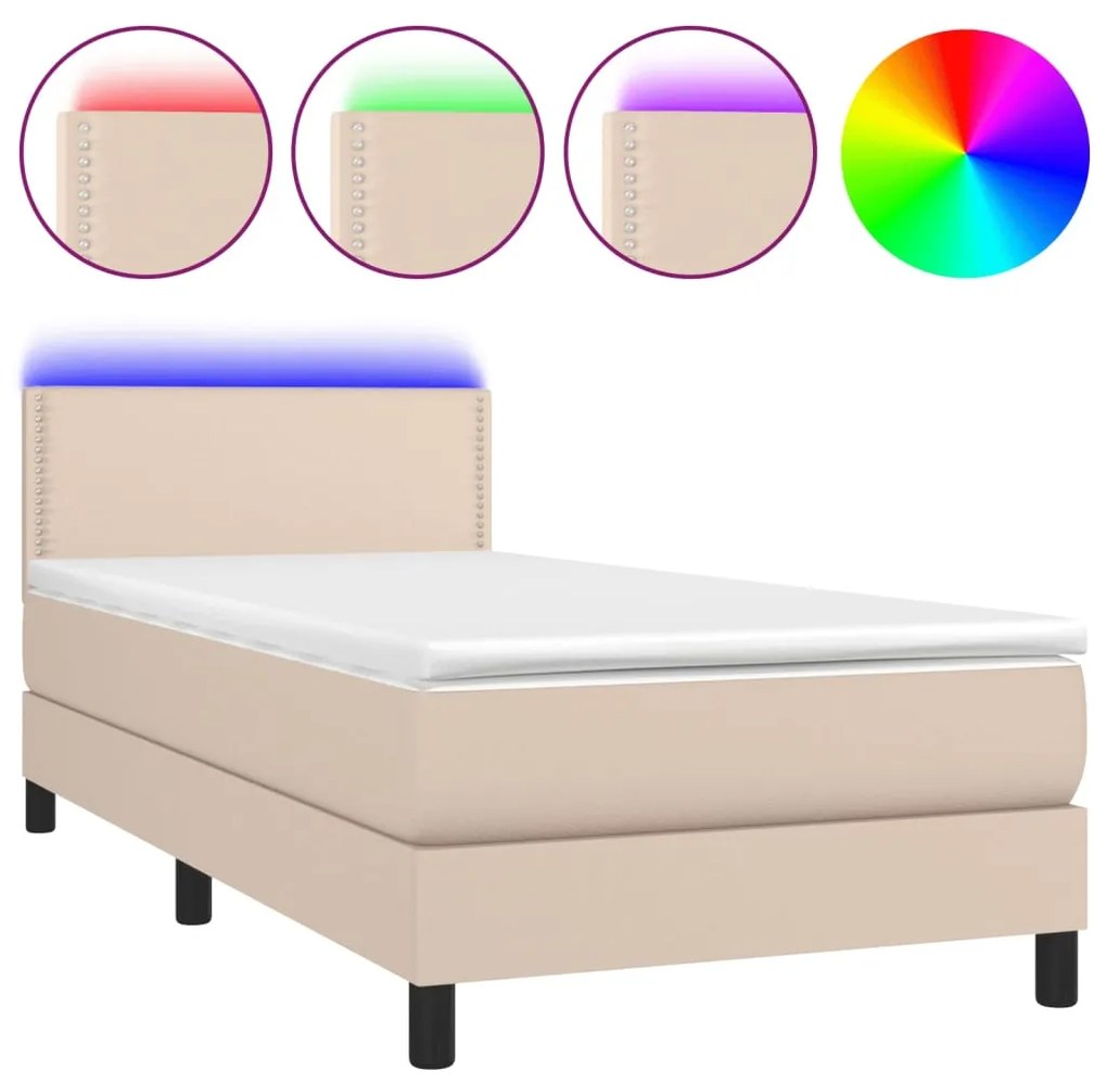 vidaXL Κρεβάτι Boxspring Στρώμα&LED Καπουτσίνο 90x200 εκ. Συνθ. Δέρμα