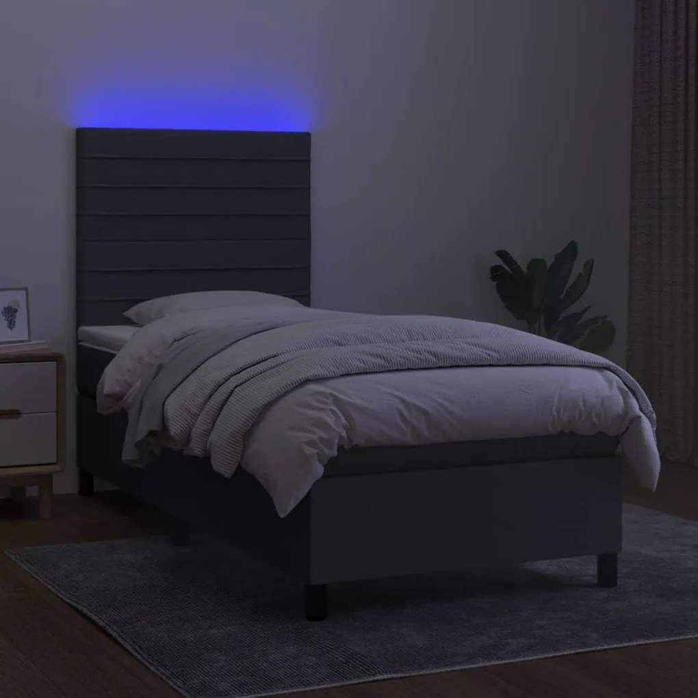 vidaXL Κρεβάτι Boxspring με Στρώμα & LED Σκ.Γκρι 90x200 εκ. Υφασμάτινο