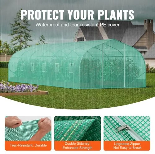 VEVOR Walk-in Tunnel Greenhouse 29.53x9.84x6.6ft Galvanized Frame PE Cover Green