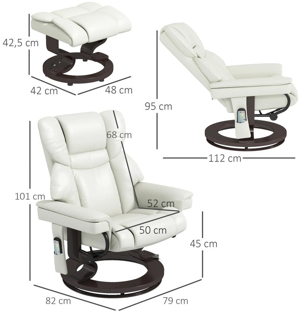 HOMCOM Πολυθρόνα Relax με λειτουργία μασάζ και υποπόδιο, πολυθρόνα ανάκλισης, συνθετικό δέρμα, 79 x 82 x 101 cm, Κρεμ λευκό