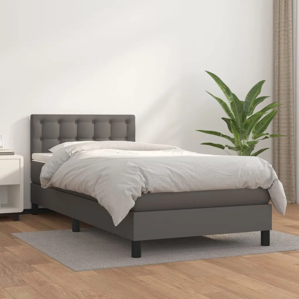 Κρεβάτι Boxspring με Στρώμα Γκρι 90x190 εκ. από Συνθετικό Δέρμα