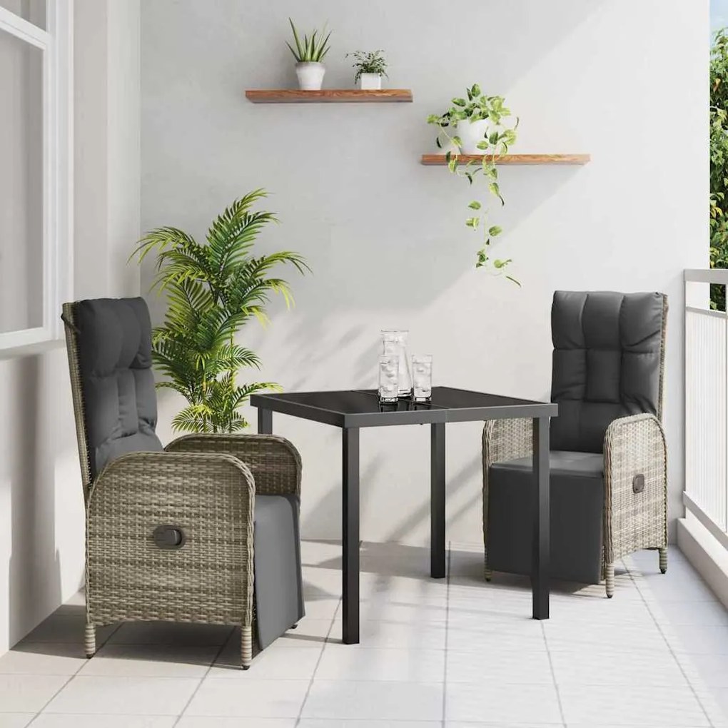 vidaXL Σέτ φαγητού για κήπο με μαξιλάρι 3 pcs Γκρι Πολυ ράταν