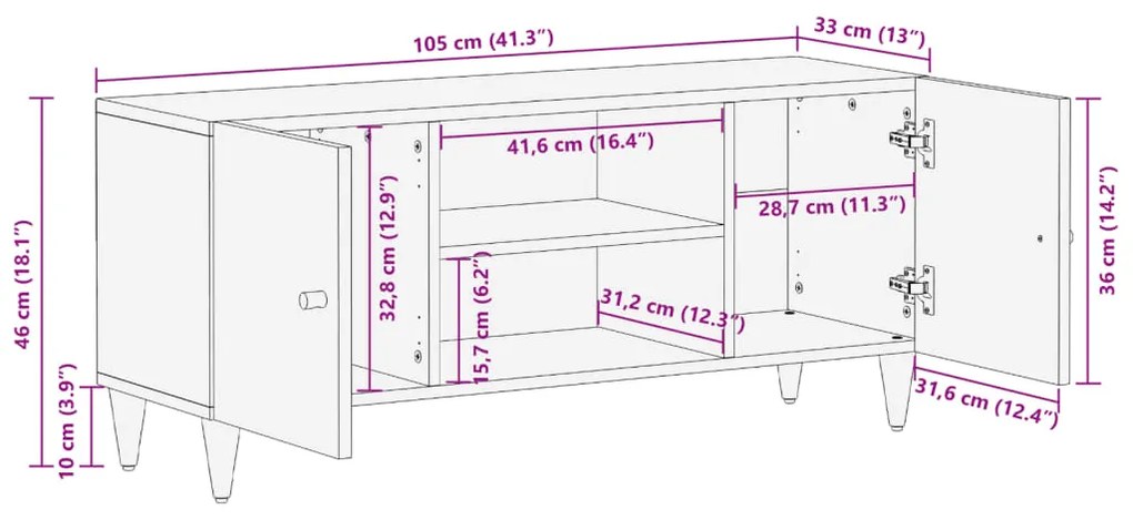 Έπιπλο Τηλεόρασης 105 x 33 x 46 εκ. από Μασίφ Ξύλο Μάνγκο - Μαύρο