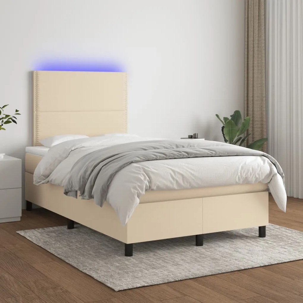 Κρεβάτι Boxspring με Στρώμα &amp; LED Κρεμ 120x190 εκ. Υφασμάτινο - Κρεμ