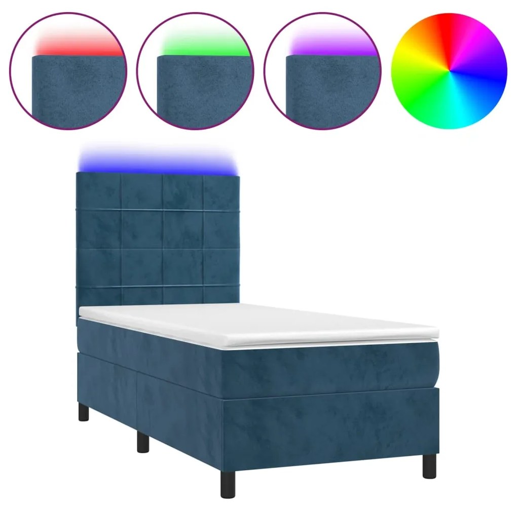 vidaXL Κρεβάτι Boxspring με Στρώμα & LED Σκ. Μπλε 90x190 εκ. Βελούδινο