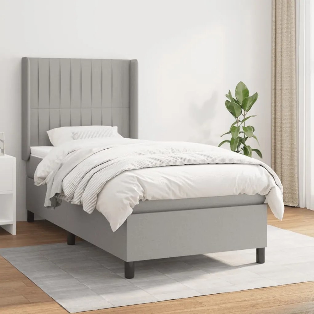 Κρεβάτι Boxspring με Στρώμα Ανοιχτό Γκρι 90x190 εκ. Υφασμάτινο