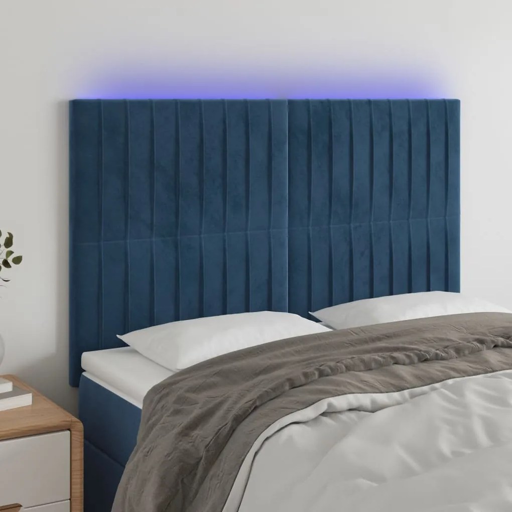 vidaXL Κεφαλάρι Κρεβατιού LED Σκούρο Μπλε 144x5x118/128 εκ. Βελούδινο