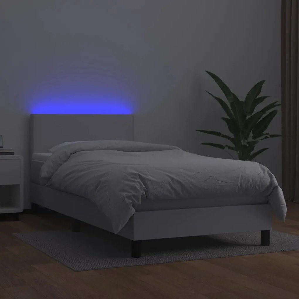 vidaXL Κρεβάτι Boxspring με Στρώμα & LED Λευκό 90x190 εκ. Συνθ. Δέρμα