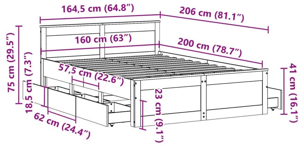 Σκελετός Κρεβατιού Χωρ. Στρώμα +Κεφαλάρι 160x200 εκ Μασίφ Πεύκο - Καφέ