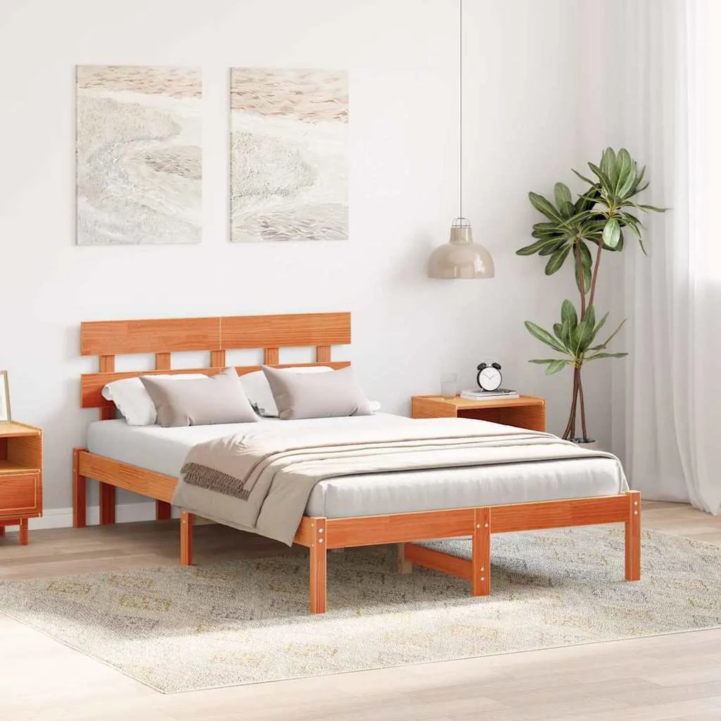 vidaXL Κρεβάτι με Κεφαλάρι Καφέ 135x190 εκ Μασίφ Ξύλο Πεύκου