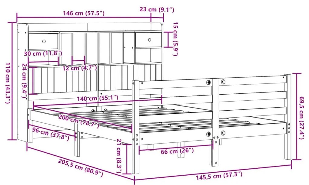 Κρεβάτι Βιβλιοθήκη Χωρίς Στρώμα 140x200 εκ Μασίφ Ξύλο Πεύκου - Καφέ