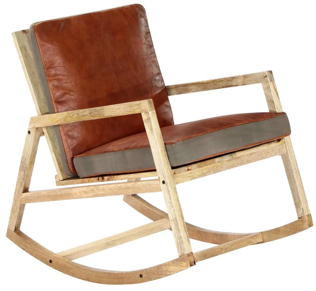 Καρέκλα Κουνιστή Καφέ από Γνήσιο Δέρμα και Μασίφ Ξύλο Μάνγκο