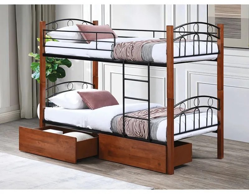 WOODWELL Ε80710NORTON Κρεβάτι Κουκέτα με 2 Συρτάρια 94x47x30cm, Μέταλλο Βαφή Μαύρο-Ξύλο Καρυδί 97x201x160cm (Στρώμα 90x190cm) Ε80710