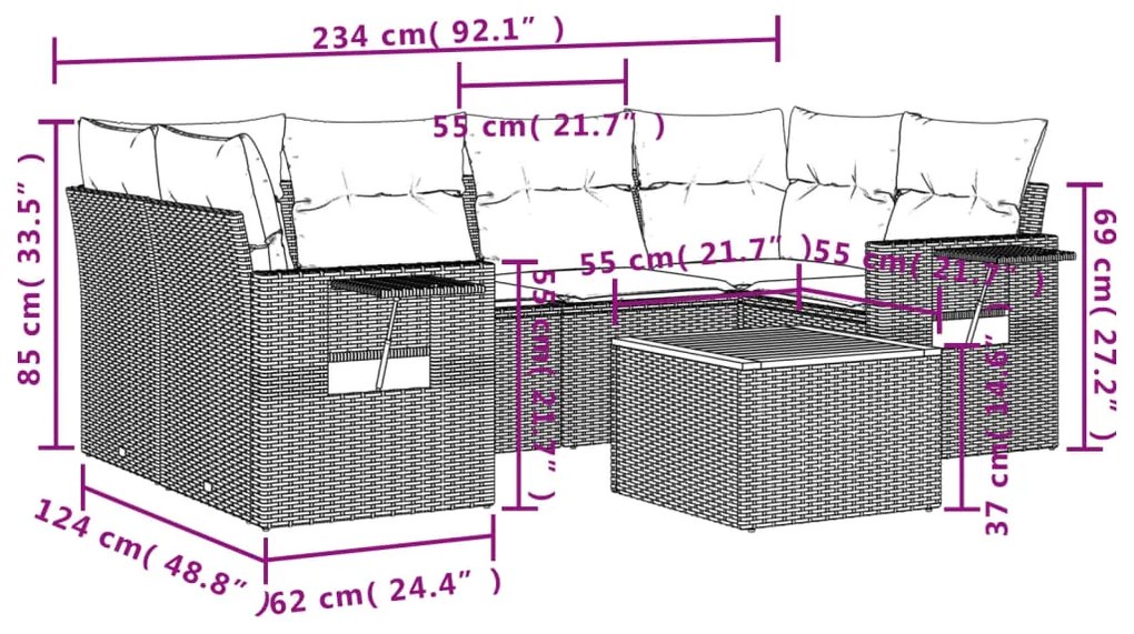 vidaXL Καναπές Σετ 7 Τεμαχίων Μαύρο Συνθετικό Ρατάν με Μαξιλάρια