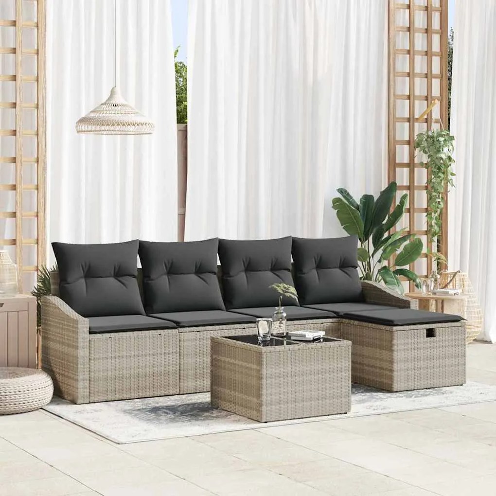 vidaXL Σετ Καναπέ Κήπου με μαξιλάρι 6 pcs Ανοιχτό γκρι Πολυ ράταν