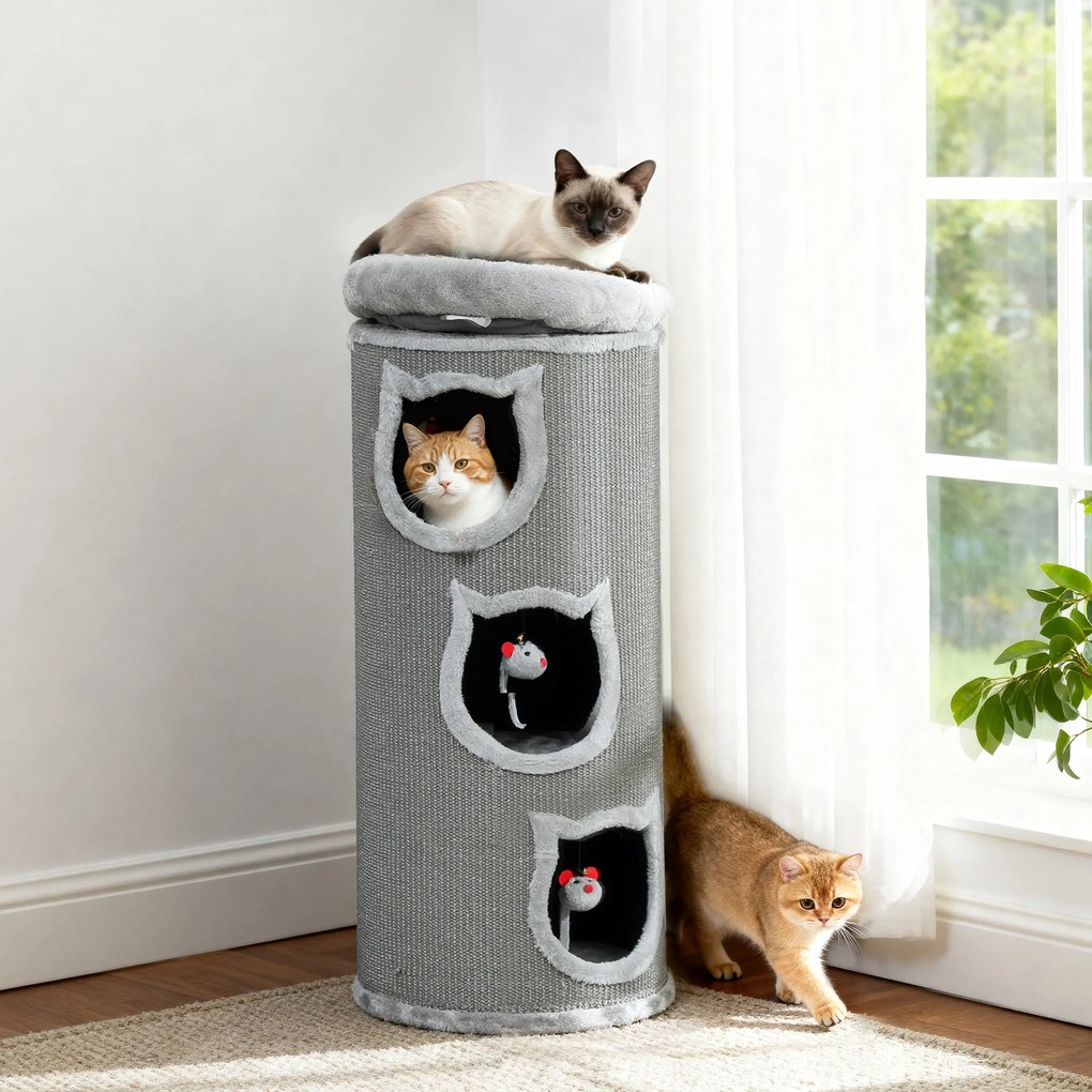 Κρεβάτι για γάτες PawHut, 96 cm, πύργος για γάτες 4 επιπέδων με πλενόμενο κρεβάτι, 3 κρυψώνες, κρεμαστό παιχνίδι, για πολλές γάτες Γκρι