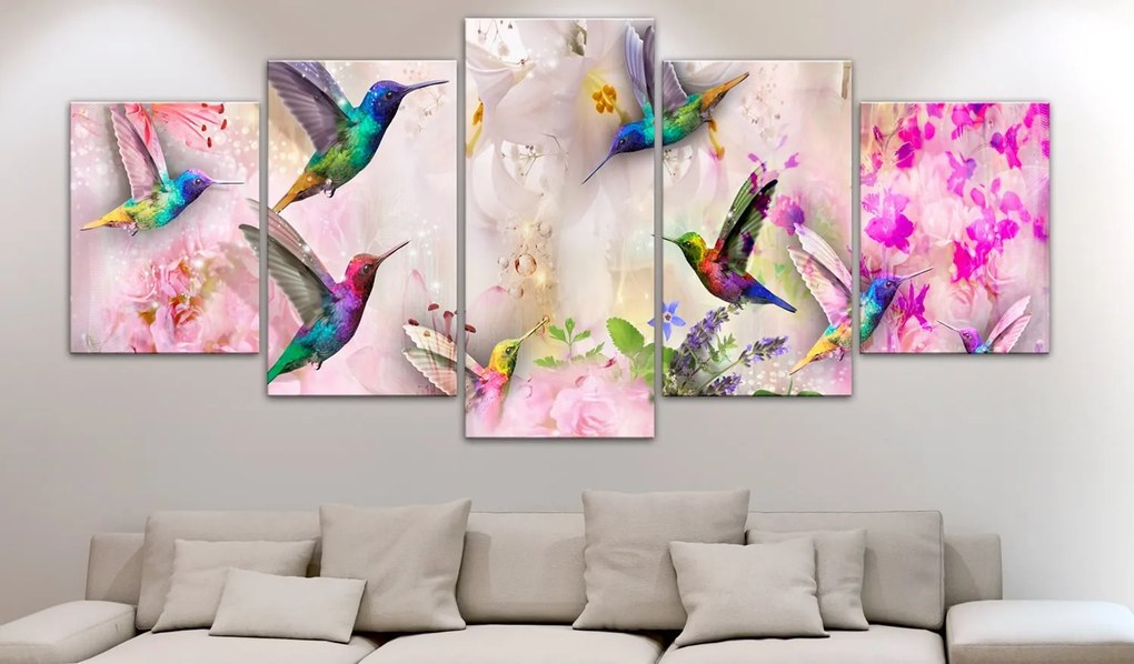 Πίνακας - Colourful Hummingbirds (5 Parts) Wide Pink 100x50