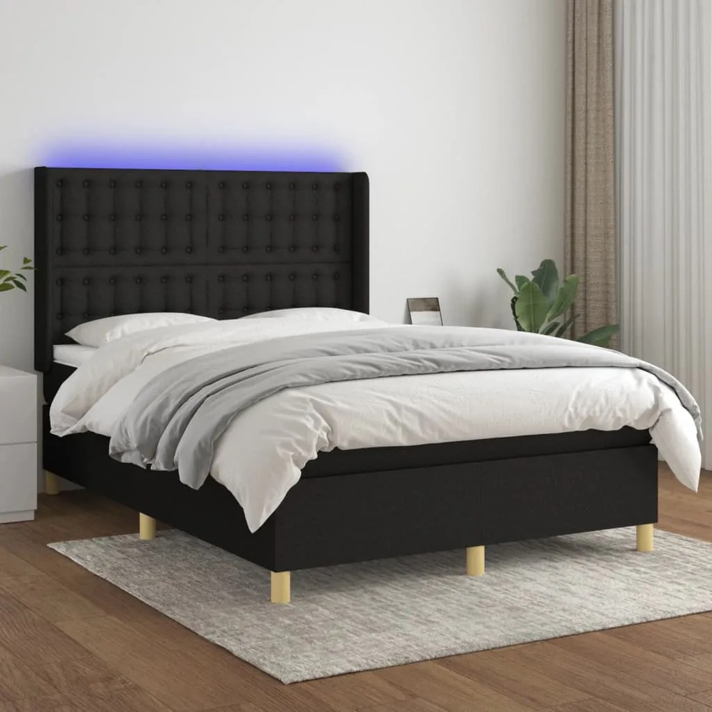 vidaXL Κρεβάτι Boxspring με Στρώμα &amp; LED Μαύρο 140x200 εκ. Υφασμάτινο