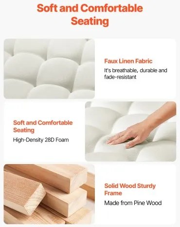 VEVOE Large Square Ottoman Coffee Table, 87.5 cm Tufted Coffee Table with Solid Wood Shelf Storage, Linen Solid Upholstered Footrest Ottoman for Bedroom Living Room, 400 LBS, Off-White