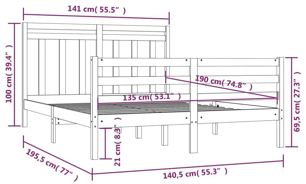 Πλαίσιο Κρεβατιού 135 x 190 εκ. από Μασίφ Ξύλο Double - Καφέ