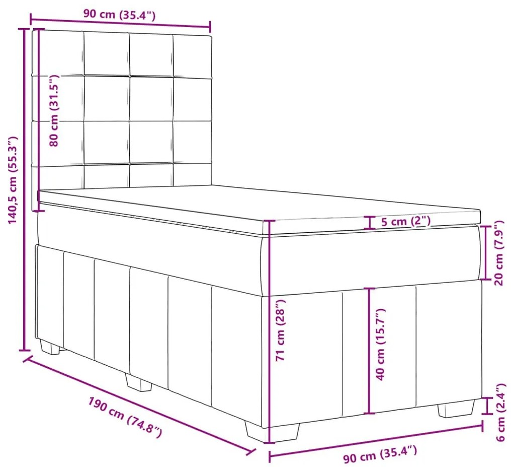 Κρεβάτι Boxspring με Στρώμα Σκούρο Γκρι 90x190 εκ. Υφασμάτινο - Γκρι