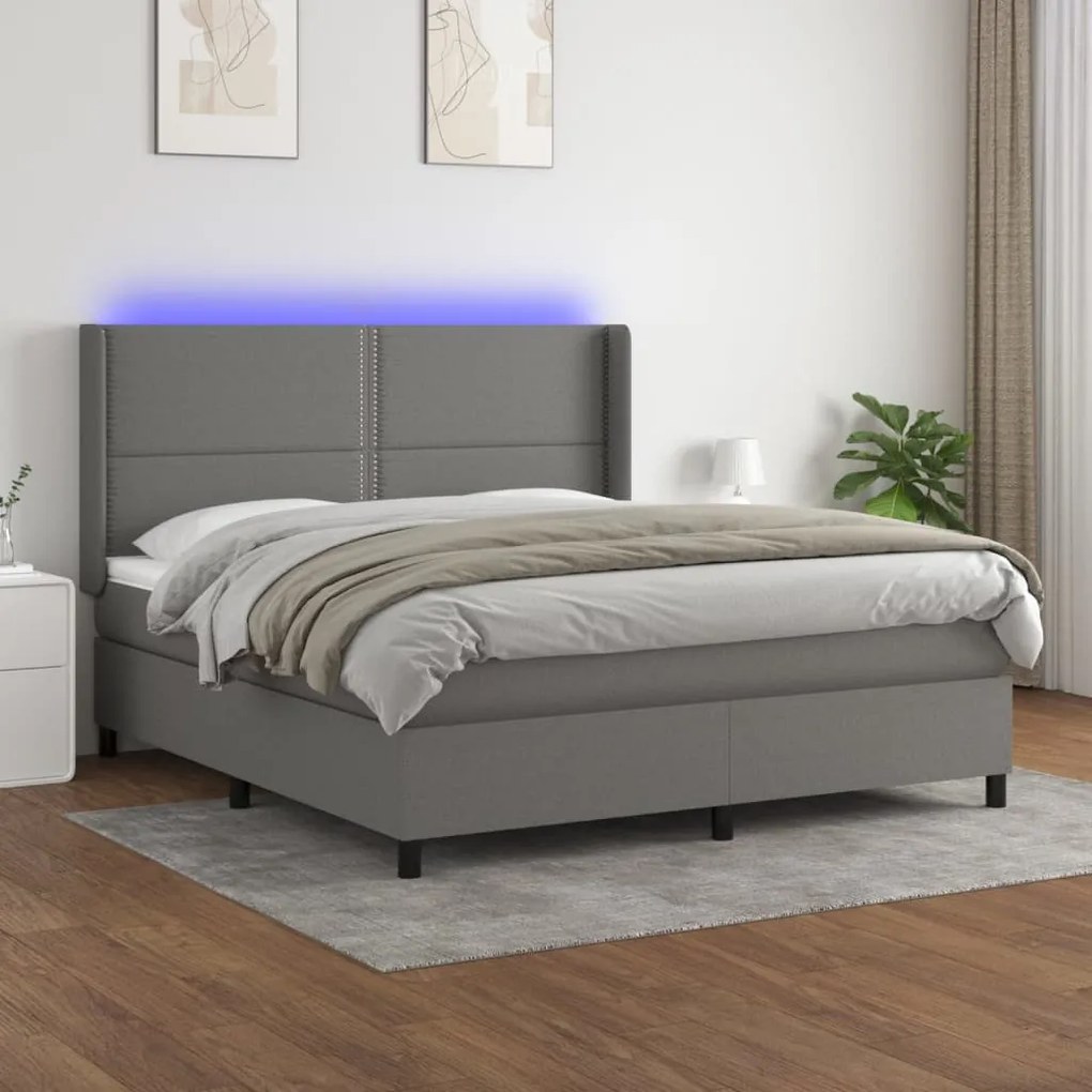 Κρεβάτι Boxspring με Στρώμα &amp; LED Σκ.Γκρι 180x200 εκ Υφασμάτινο