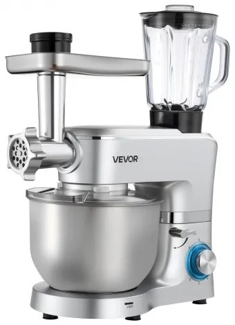 VEVOR Stand Mixer, 6 L Electric Kitchen Mixer, 1500W Dough-Mixer, 6+P Speeds Tilt-head Food-Mixer with 1.5 L Blender Cup, Stainless Steel Bowl, Dough Hook, Whisk, Beater, for Baking, Mixing, Silver