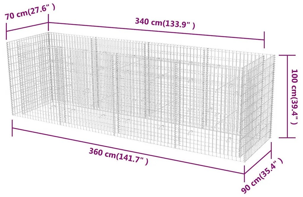 vidaXL Συρματοκιβώτιο - Γλάστρα Υπερυψωμένη 360x90x100 εκ. Ατσάλινη