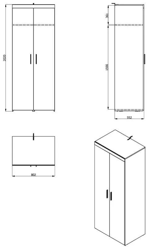 Ντουλάπα Arno 2K Γκρί Δρύς - Λευκός Δρύς 80x55x202 εκ. 80x52x202 εκ.