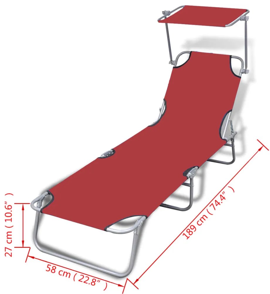 vidaXL Ξαπλώστρα Πτυσσόμενη Κόκκινη από Ατσάλι/Ύφασμα με Σκίαστρο