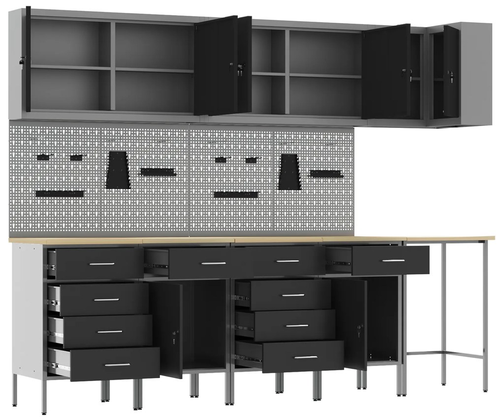 vidaXL 12 κομμάτια Σετ Ντουλάπας Εργασίας και Πίνακα Μεγάλων Μαύρο MDF και Μέταλλο