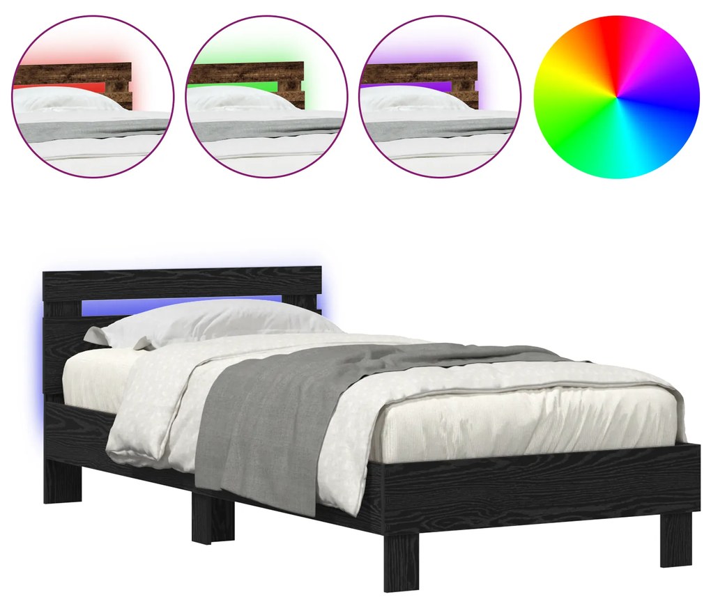 vidaXL Κρεβάτι με LED Φώτα Μαύρη Δρυς 90x200 cm Κατασκευασμένο Ξύλο