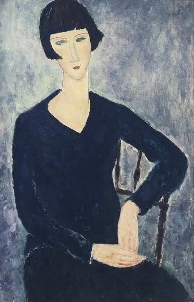 Αναπαραγωγή Young woman with a fringe or young seated woman in blue dress, Modigliani, Amedeo