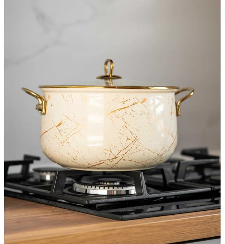 Κατσαρόλα Goldmann GM 8017-26B, 8.5L, 26x16cm, Εμαγιέ, Αντικολλητική επίστρωση, Επαγωγή, Χρυσό/Μάρμαρο